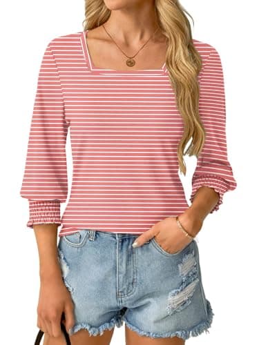 GKBK Womens 3/4 Sleeve Shirts Square Neck Dressy Casual Blouses Spring Summer Smocked Cuffs Tops - Thumbnail 5