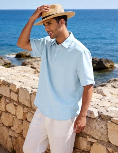 Eisctnd Men's Polo Shirts Short Sleeve Linen Blend Golf Collared T-Shirt for Summer Wedding Beach Vacation Business Casual(SkyBlue-XXL) - Thumbnail 3