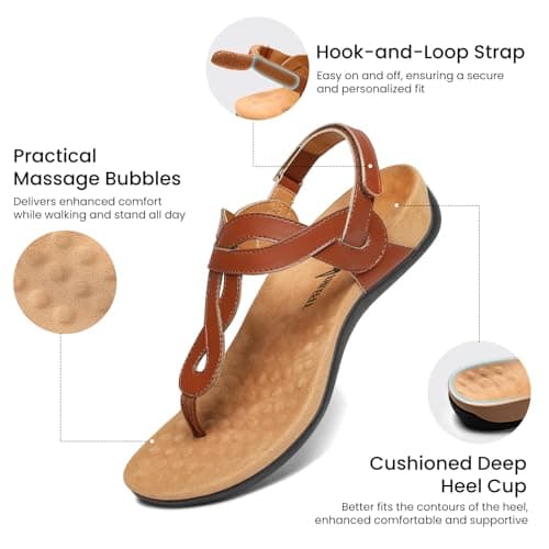 Athlefit Women's Brown Orthopedic Arch Support Thong Sandals Comfortable Walking Dressy Flat Sandals Size 11 - Thumbnail 4