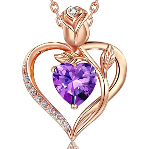 JACUPO Heart Birthstone Rose Gold Necklace for Women(Rose Gold-02-Amethyst)