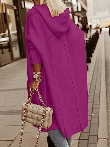 Aoysky Womens Long Cardigans Cable Knitted Open Front Oversized Hooded Outerwear Sweater Coat Purple - Thumbnail 3