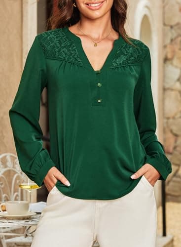 Dokotoo Womens Long Sleeve Tops Dressy Casual Spring Clothes Business Work Blouses Emerald Green Button Down Shirts V Neck Blouses for Women XXL - Thumbnail 3
