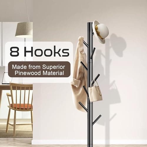 Aliphon Wooden Coat Rack Stand, Freestanding Coat Rack with 8 Hooks, 3 Adjustable Size Coat Tree for Hats, Coats, Scarves bags, Coat Hanger Stand Used in Bedroom/Office/Entryway,2 PCS (Black) - Thumbnail 2