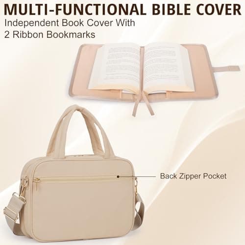 Large Bible Cover for Women,2 Compartments Bible Carrying Case With Handles Shoulder Strap, Soft Puffy Quilted Bible Bags With Book Cover Organizer, Bible Tote For Church Study Supplies Accessories - Thumbnail 4