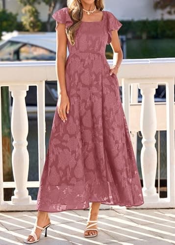 KIRUNDO Cocktail Dresses for Women Elegant Wedding Guest Summer Formal Maxi Lace Floral Slit Prom Party Bridesmaid Dress (Pink, Medium) - Thumbnail 4