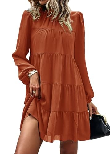 KIRUNDO Long Sleeve Baby Doll Dresses Women 2026 Casual Summer Fall Ruffle Mock Neck Tiered Mini Flowy Swing Shift Dress(Brunt Orange, Large) - Image 1