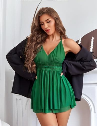 Avidlove Women Lingerie Lace Babydoll Halter Chemise Sheer Mesh Nightwear Nighty Green Large - Thumbnail 5