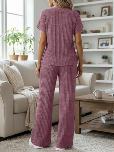 LILLUSORY Women 2 Two Piece Matching Lounge Sets 2026 Spring Summer Beach Vacation Clothes Pajamas Top Wide Leg Pants Sweat Suits Airport Travel Outfits Casual Sweatsuit Fashion Loungewear - Thumbnail 5