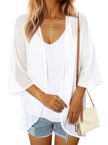 GKBK Women's Floral Print Puff Sleeve Kimono Cardigan Loose Cover Up Casual Blouse Ladies Shirts Casual Tops White L - Image 1