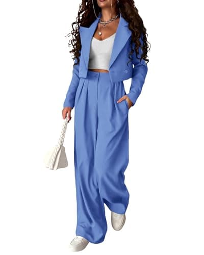 KIRUNDO Two Piece Sets for Women Fall 2025 Cropped Blazer Wide Leg Work Pants Business Professional Office Attire(Sky Blue, X-Large) - Image 1