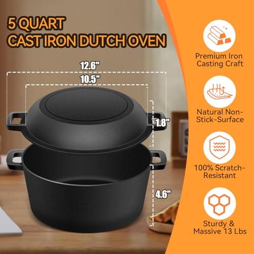 Cast Iron Dutch Oven for Bread Baking, Banneton Bread Proofing Basket Sourdough Bread Baking Supplies, 2-in-1 Dutch Oven Pot with Skillet Lid Cooking Pan Handles Lame, 5QT - Thumbnail 2