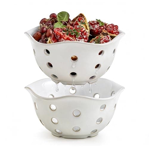 Gomakren Fruit Basket Set of 2, Ceramic Fruit Bowl Berry Basket with Holes, 7.6 Inch Fruit Containers Colander for Fridge - Farmhouse Kitchen Decor, White