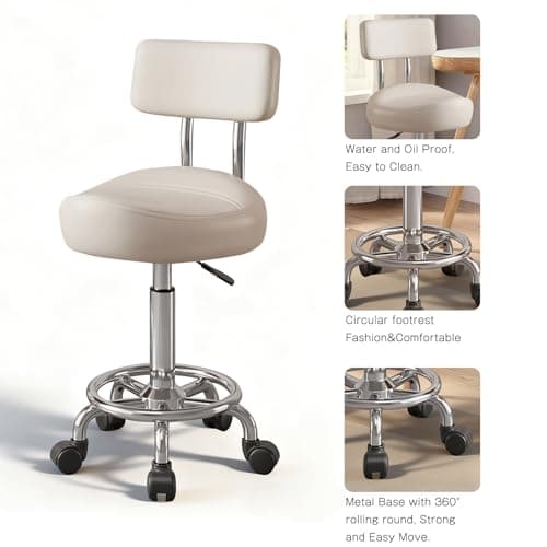 Walktory Vanity Chair with Back Small Armless Office Chair with Wheels and Footrest, PU Leather Adjustable Height Swivel Chair for Bedroom, Home Office White - Thumbnail 4