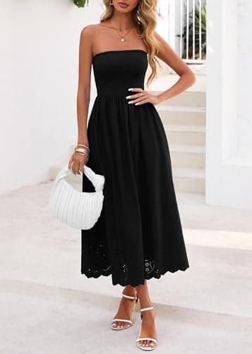 Lazysmile Summer Boho Maxi Dress for Women Strapless Tube Top Lace Trim A Line Beach Casual Long Dress Black - Thumbnail 6