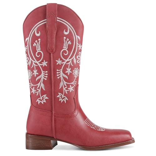 UJPFEO Cowboy Boots for Women Mid Calf Cowgirl Boots Square Toe Pull On Low Chunky Heel Embroidery Western Boots - Thumbnail 4