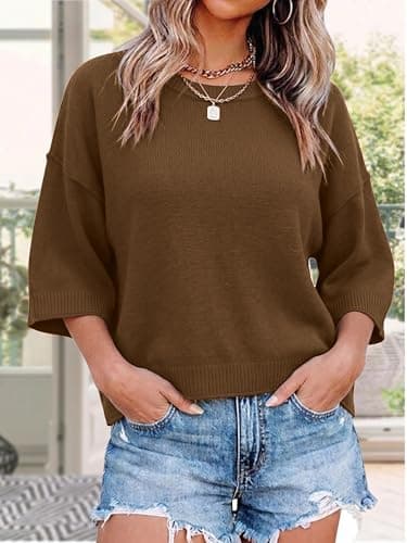 LaGracia Sweater for Women Summer Short Sleeve Oversized Cropped Sweaters Casual Crewneck Lightweight Knit Tops Coffee XL - Thumbnail 5