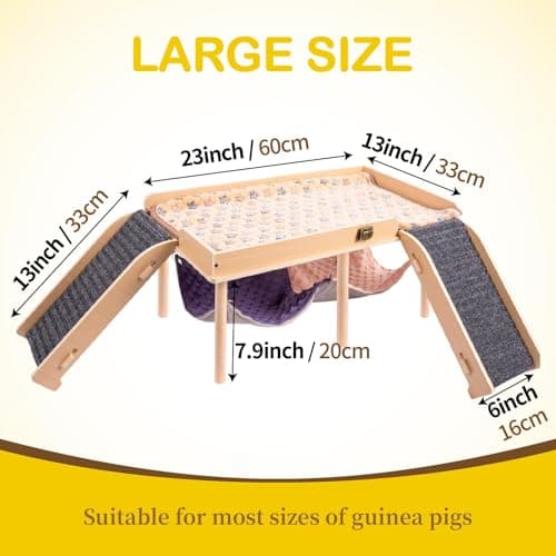 BESNEW Enlarged Guinea Pig Hammock with Platform and Stairs,Wooden Foldable Piggies Hideout for Guinea Pigs Bunny Ferret Hamster Hiding Sleeping Activities 24L x 12W x 11H in（Double） - Thumbnail 2