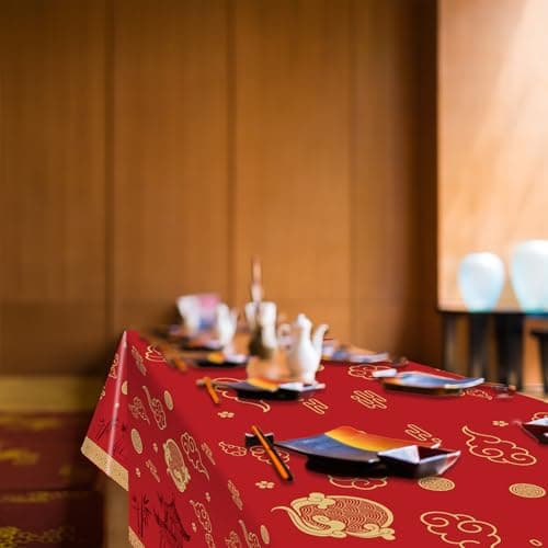 party greeting Hibachi Table Covers 3 Pack Japanese Disposable Plastic Tablecloth 54x108 Inch Chinese Decorations Cultural Tableware Spring Festival Plastic Table Cover for New Year Asian Party（Red） - Thumbnail 5
