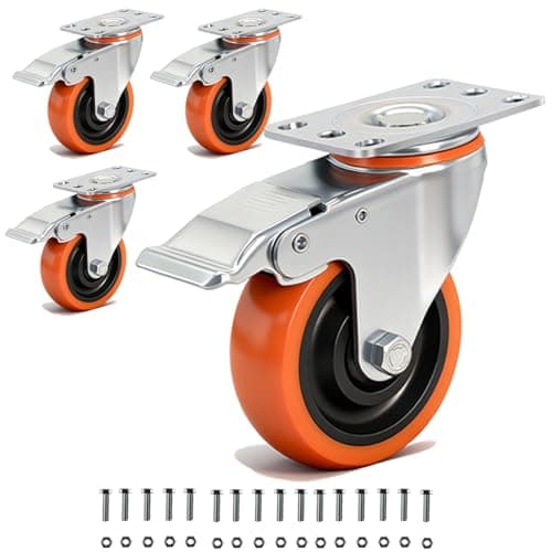 TESUMI Caster Wheels 4" Inch Heavy Duty Casters Set of 4 with Brake 2200lbs Capacity Swivel Plate Industrial PU Wheel Locking Casters Quiet No Scratch for Cart, Furniture, Cabinet, Workbench - Image 1