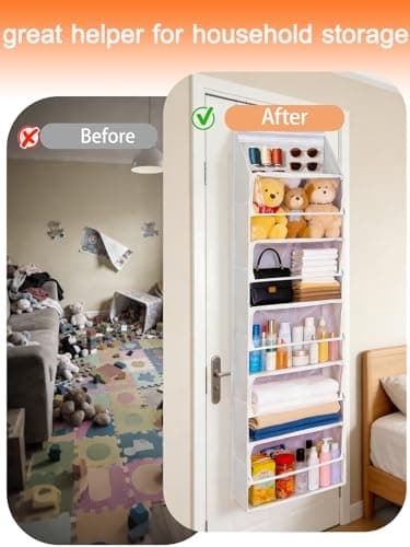 Over Door Organizer Stuffed Animal Storage, Zipper Closure Behind Door Hanging Toy/Plush Organizer , Clear Window Bathroom/Bedroom/Closet Holder Bag for Nursery Purse/Handbag, 1Pack, 5 Tier，Beige - Thumbnail 2