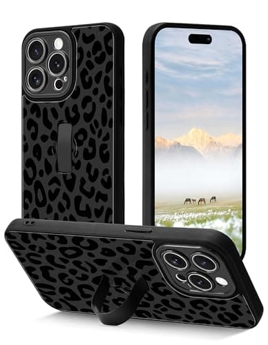 Aitipy Cheetah Phone Case Compatible with iPhone 16 Pro Max, with Leopard Print Finger Hand Strap Kickstand Shockproof Full Camera Protection Soft TPU Protective Cover for Women Girls, Black