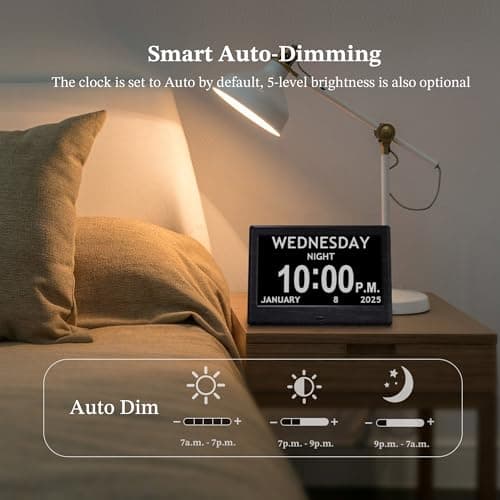 7'' Digital Clocks, 12 Reminders & 6 Alarms, Dementia Clock with Date and Time for Elderly, Auto-Dimming, Button & Remote Control, Auto DST, Digital Calendar for Seniors Large Display, Black Woodgrain - Thumbnail 4