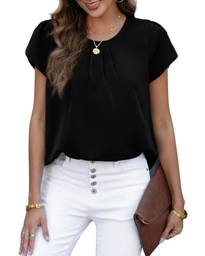 PRETTYGARDEN Women's Tops 2026 Casual Summer Round Neck Short Sleeve Basic Pleated Loose Fit Blouses Plain Tunic Shirts(Black,Small) - Thumbnail 3