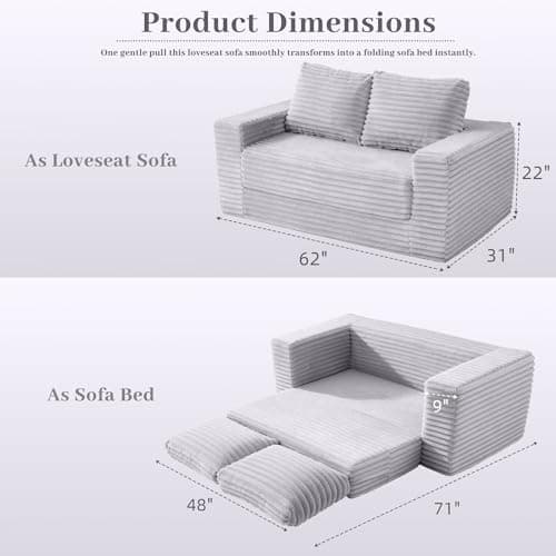 HABUTWAY Convertible Folding Sofa Bed Couch,3 in 1 Pull Out Couch Bed,Loveseat Sleeper Sofa Bed,Boneless Couches with Pillows for Living Room Bedroom, Light Grey - Thumbnail 2