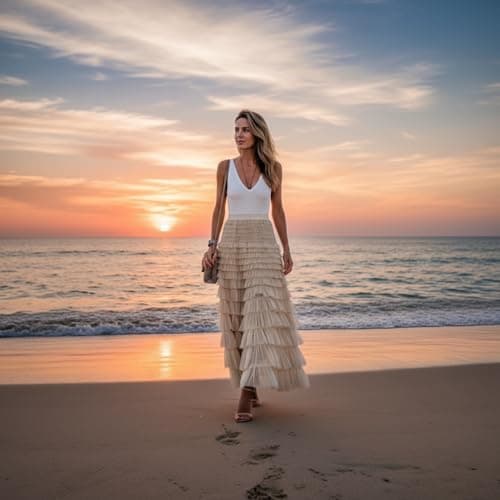 Mincib Womens Long Tulle Skirt A Line Ruffle Tiered Layered Skirts High Waisted Flowy Fairy Maxi Skirts (Beige,S) - Thumbnail 2