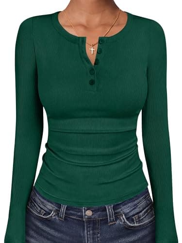 ANRABESS Women's Long Sleeve Henley Tops Forest Green Large - Image 1