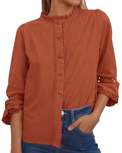 KIRUNDO Going Out Tops for Women 2026 Spring Fashion Boho Cotton Eyelet Long Sleeve Button Up Shirt Lace Dressy Casual Blouse(Brick Red, Small) - Image 1