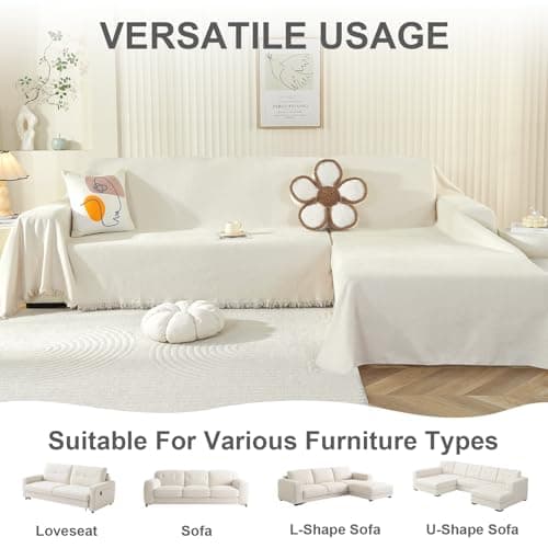 OstepDecor Chenille Couch Cover, Beige Sofa Covers Washable, Sectional Couch Covers for Sofa L Shape, Couch Blanket Cover, Non-Slip Sofa Slipcovers for Dogs, Pets, 71" x 102" - Thumbnail 6