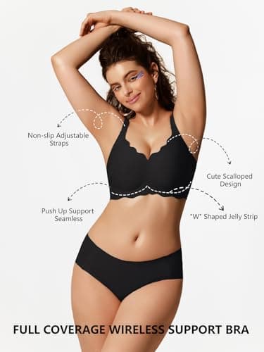 COCOMARTS Jelly Bras for Women No Underwire Scalloped Push Up Wireless Bralettes Seamless Soft Comfort Everyday Tshirt Bra Black XX-Large - Thumbnail 5