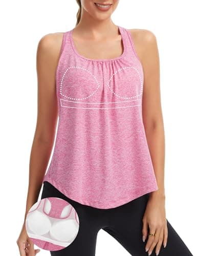 SLIMBELLE Built in Bra Workout Tank for Women Running Yoga Gym Tennis Sport Cami Shirt Racer Back Crewneck Loose Fit Top Rose Red S