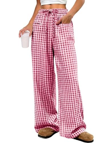 ANRABESS Womens Striped Gingham Pants 2026 Pajama Drawstring Wide Leg Lounge Plaid Pants Cute Casual Trousers with Pockets Red White Plaid XX-Large - Image 1