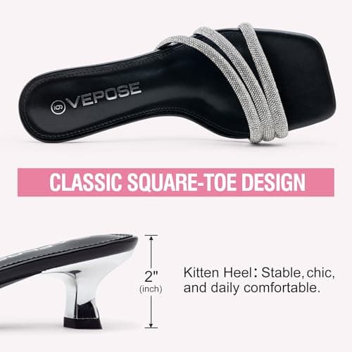 Vepose Women's Black Rhinestone Kitten Heel Sandals, Size 8, 6100 - Thumbnail 5