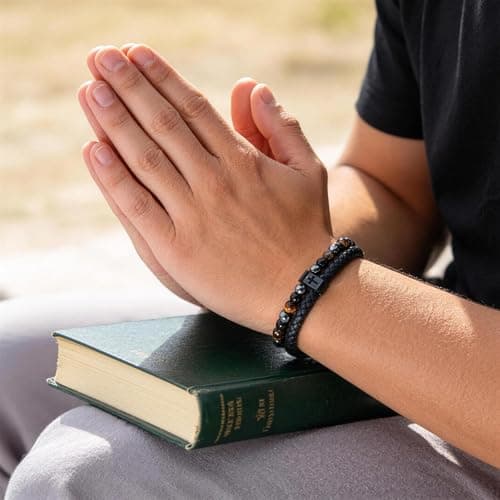 Cross Bracelet for Men Him - Triple Protection Hematite Black Obsidian Tiger Eye Beaded Bracelets, Faith Religious Happy Easter Catholic Christian Communion Baptism Gift Easter Basket Stuffers - Thumbnail 2