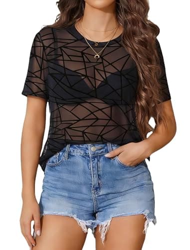 Avidlove Women's Mesh Top Sheer Short Sleeve Blouses See Through Crew Neck Going Out Tops Trendy Sexy Shirts - Image 1