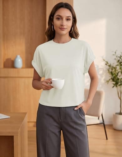 Womens Summer Crop Tops Cap Sleeve Tshirt Summer Crew Neck Solid Color Shirts Apricot - Thumbnail 2