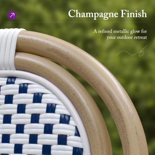 PURPLE LEAF Patio Dining Chair Set of 2 Outdoor French Aluminium Frame in Champagne Finish with Sky Blue & White Woven Rattan for Indoor Kitchen Deck Bistros Cafe Restaurant - Thumbnail 6