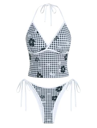 Jillumi Tankini Swimsuits for Women 2 Piece Halter Swimsuit Cute V Neck Push Up Swim Top High Cut Tie Side Thong Gingham Bathing Suit (Black White Plaid S) - Image 1