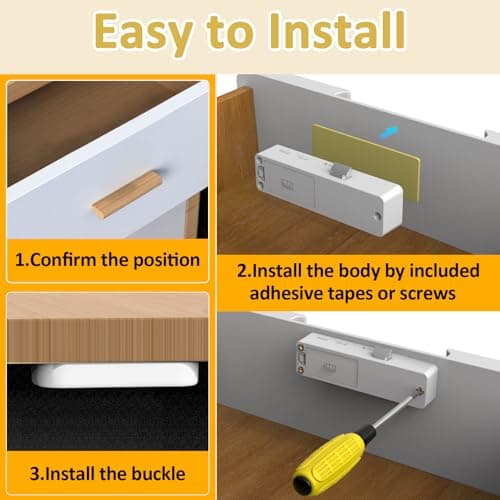 Bestkid Cabinet Lock NFC RFID Card Slim Hidden Drawer Lock for Child Safety Liquor File Kitchen Pantry Furniture Double-Layer Drawer No Drilling Required White - Thumbnail 4
