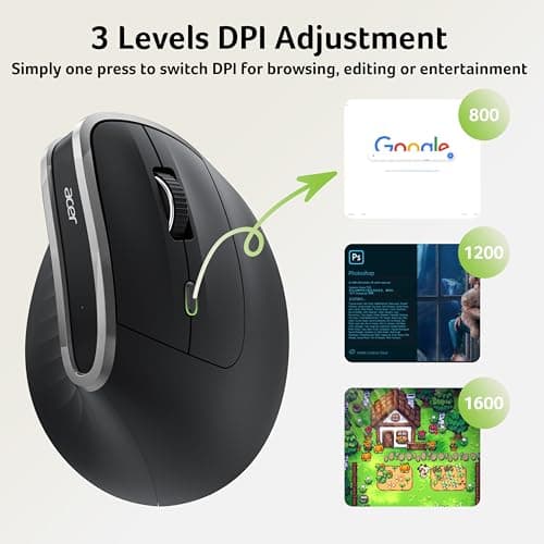 acer Ergonomic Mouse Wireless, Vertical Computer Mouse for Office, Ergo Mice Rechargeable for Medium to Large Sized Hands, 2.4GHz USB Receiver, 800/1200/1600 DPI, 6 Buttons for Laptop, PC and Desktop - Thumbnail 6