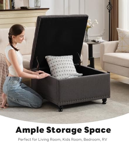 Tbfit Large Square Storage Ottoman Bench, Tufted Upholstered Coffee Table with Storage, Oversized Storage Ottomans Toy Box Footrest for Living Room, Dark Grey - Thumbnail 3