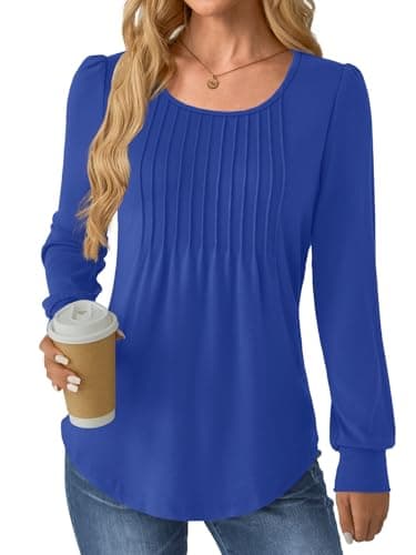 GKBK Women Long Sleeve Shirts Fall Tops Dressy Pleated Scooped Neck Tunic Tops for Leggings Royal Blue M - Thumbnail 4