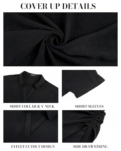 Bsubseach Womens Swimsuit Cover Up Shirt Short Sleeve Bathing Suit Coverups V Neck Bikini Coverup Drawstring Beach Dress Black M - Thumbnail 6