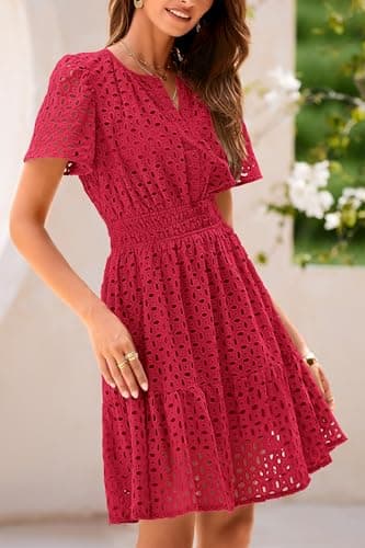 PRETTYGARDEN Womens 2025 Summer Short Dress V Neck Short Sleeve A Line Hollow Out Lace Ruffle Cute Casual Beach Party Dresses (Red,Medium) - Thumbnail 4