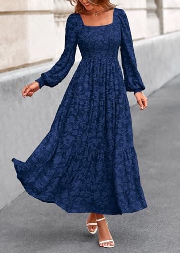 KIRUNDO Wedding Guest Dresses for Women 2026 Fall Long Sleeve Smocked Floral Flowy Spring Baby Shower Maxi Dress Pockets (Navy, X-Large) - Thumbnail 3