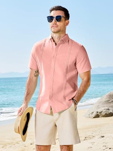 JEMLDL Men's Guayabera Cuban Shirt Cotton Linen Short Sleeve Embroidered Casual Summer Beach Vacation Shirts Flamingo Pink 3XL - Thumbnail 3
