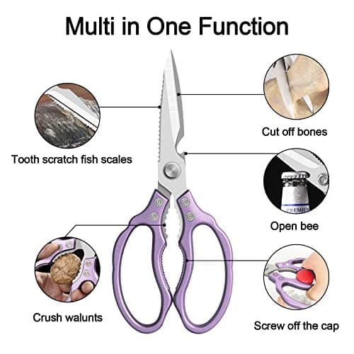 CGBE Kitchen Scissors All Purpose Heavy Duty, Ultra Sharp Stainless Steel Kitchen Shears Dishwasher Safe, Cooking Shears for Chicken, Poultry, Fish, Meat, Herbs & Grapes with Non-Slip Grips - Purple - Thumbnail 2